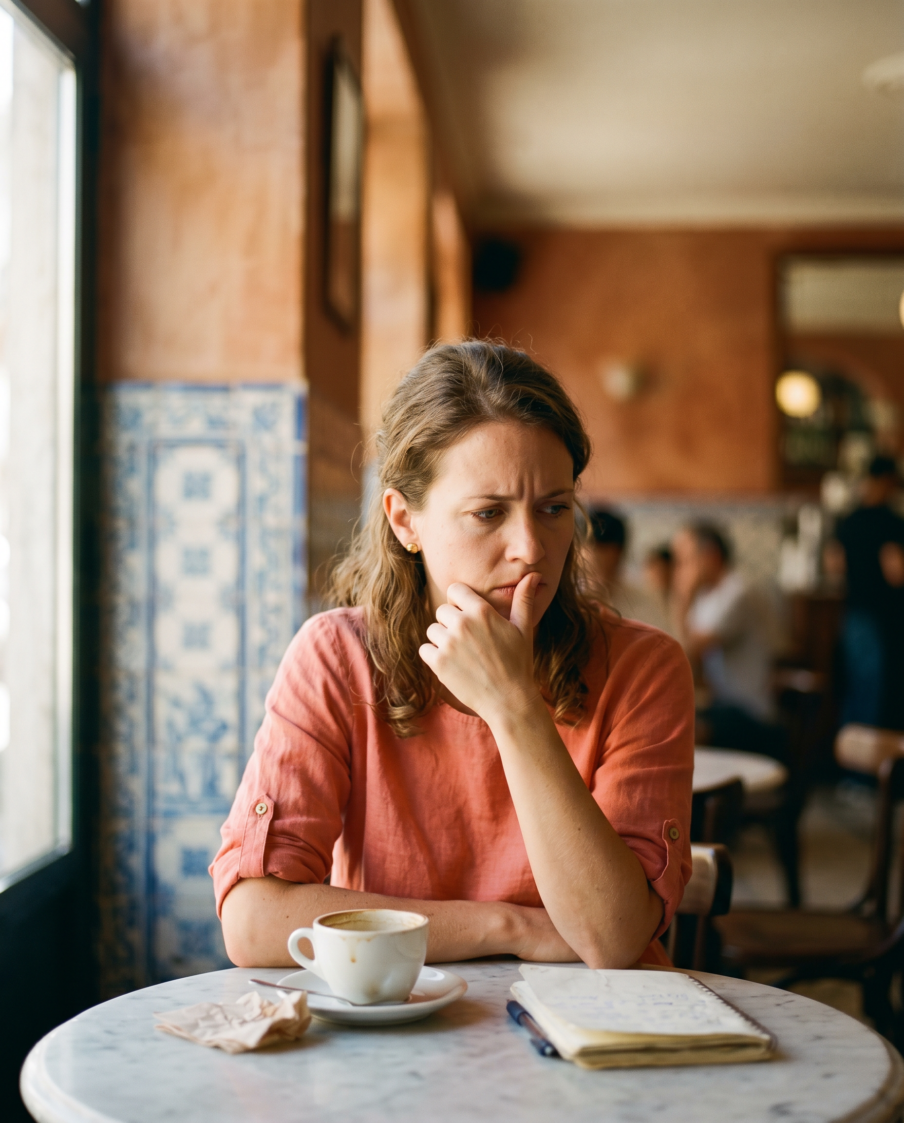Spanish learner at a café, mid-thought